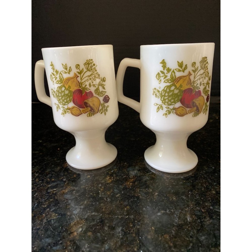 White Milk Glass Pedestal Mugs with Vegetable Design 5 1/2"